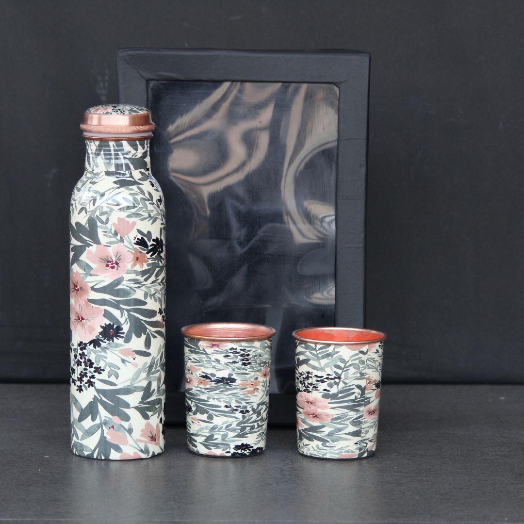 Flower printed copper bottle set with Gift box