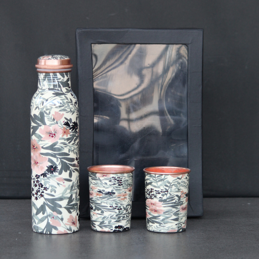 Flower printed copper bottle set with Gift box
