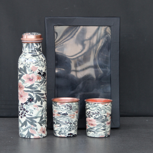 Flower printed copper bottle set with Gift box