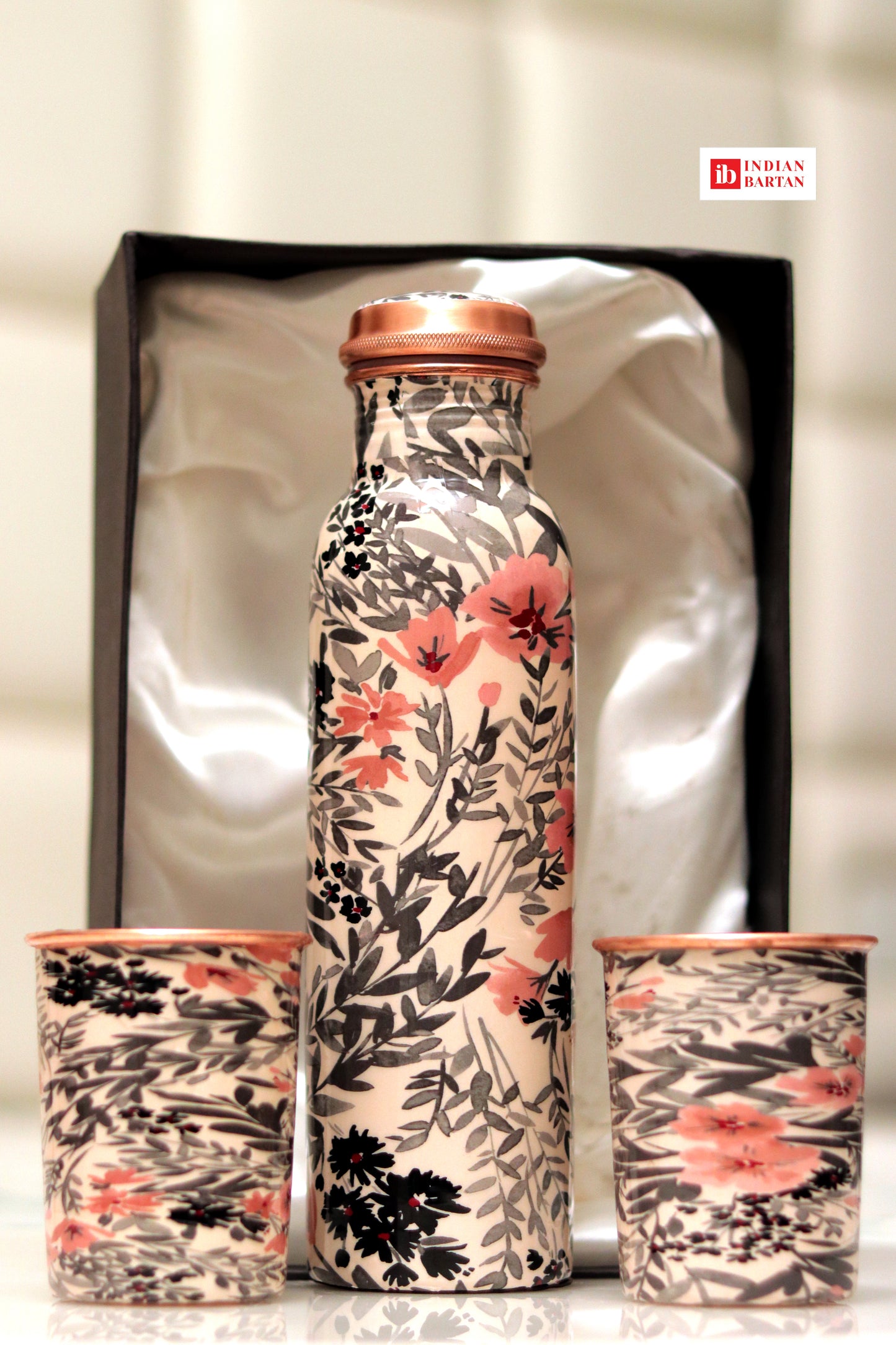 Flower printed copper bottle set with Gift box