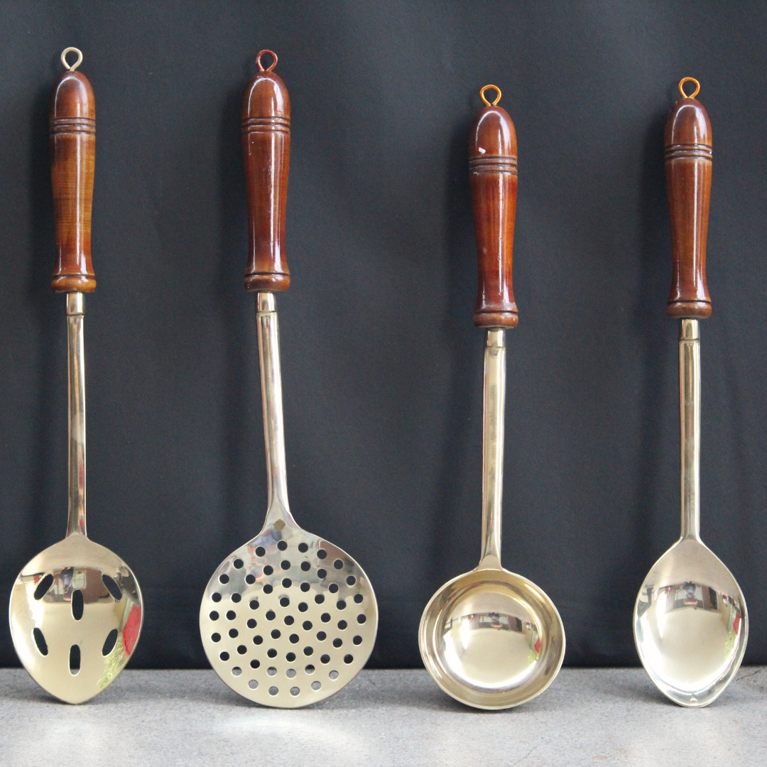 Brass Ladles Set of 4  with Wooden Handles