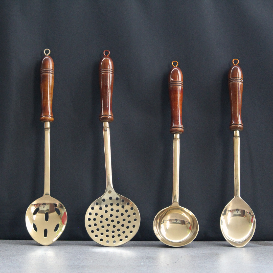 Brass Ladles Set of 4  with Wooden Handles