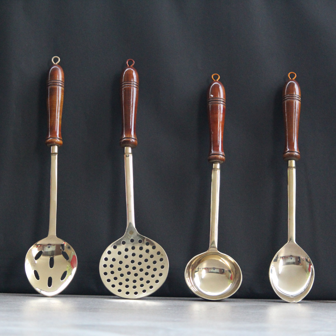 Brass Ladles Set of 4  with Wooden Handles